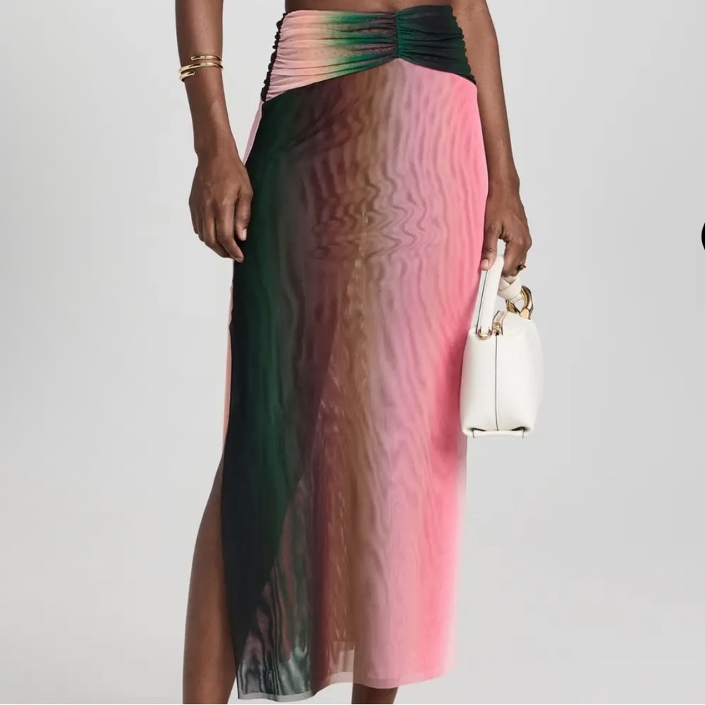 Misa Los Angeles NWT Rainbow Multi Color Ombré Pink & Green Ruched Maxi Skirt